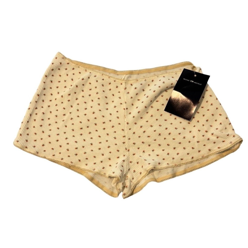 Brandy Melville Coquette Soft Girl Cream Waffle Knit Lounge Shorts OS Rose Print